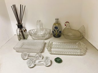 1B/ 9pcs Assorted Glass: Basket, Cracker Plate, Knife Rests, Vintage Ornament Etc