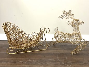 Holiday Christmas 1.5 Foot Long Gold Metal Wire Decorative Sleigh & Reindeer