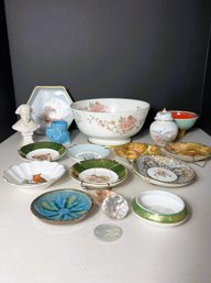 R/ 18pcs - Collection Of Asst Fine China, Pottery, Mother Of Pearl, Glass: Royal Worcester, Minton, Spode Etc