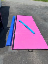 G/ 3 Pc Gymnastics - Pink Folding 4 Section Padded Mat, Blue Folding Padded Low Balance Beam, Blue Noodle