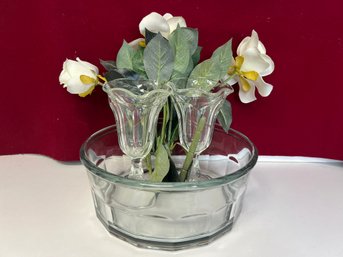 JS/ Large Glass Salad Bowl, 2 Sundae Parfait Glasses, Bunch Of Faux Flowers