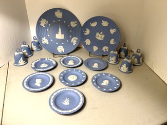 1B/ Box 16pcs - Wedgwood Jasperware Bells And Assorted Plates - White On Blue