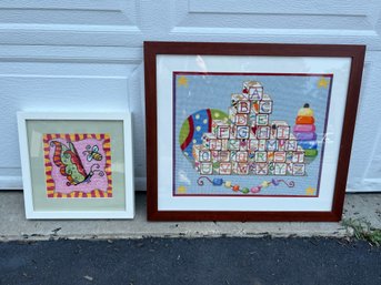 G/ 2 Kid's Themed Framed Needlepoint Art - Bumblebee Butterfly & Alphabet Blocks