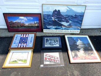 G/ 7 Framed Wall Art Massachusetts - State Quarters Of 13 Colonies, Patriot's Touchdown, MA State House Etc