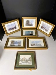 DR/ 7pcs - Collection Of Small Gold Framed Prints: Ships & Landscapes, 1 Marked 'Lady Clare'