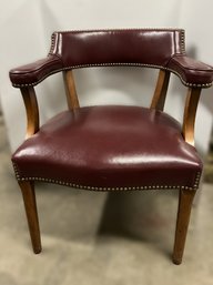 M/ Burgundy Leather (?) Wrapped, Wood Frame Library Chair With Nail Head Trim