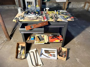 B/ All American 2 Drawer Metal Work Bench W Wooden Top And All Tools Included
