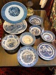 FR/10 Blue Willow Style Transferware - 3 Royal Wessex,4 Johnson Bros, 2 Unmarked, 1 Currier & Ives