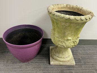 2 Pretty Plastic Light Weight Garden Pots - Plum Colored Low & Green Footed Urn Tall