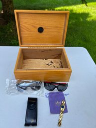 G/ 5 Pcs - Wood Cigar Box, 2 Sunglasses, Leatherman 'Wave' Multi Tool W Case, Baume & Mercier Geneve Watch