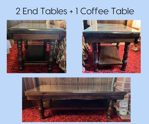 FR/ 3 Pc Vintage Solid Pine Colonial Style Coffee Table & 2 End Tables - Custom Glass Tops, Lower Open Shelves