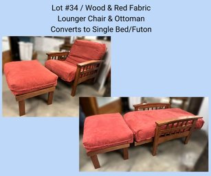 M/ 2pcs - Wood And Red Upholstered Lounger Chair & Ottoman - Converts To Bed