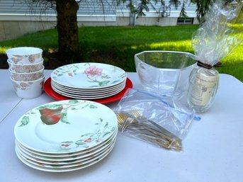 G/ Box - Lenox Winter Garden 6 Dinner 5 Salad Plates, 4 Nicole Miller Sm Bowls, Lrg Tiffany Crystal Serve Bowl