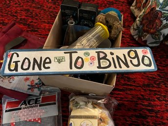 FR/ Box Of Misc Items - Gone To Bingo Sign, Soap Dishes, Toothbrush Holders, Light Timers, Shop Cart Liner Etc