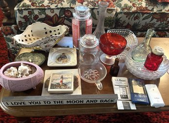 FR/ 2 Boxes - LL Bean Weather Station, Coasters, Red & Clear Glass Items, Pres & Mrs JFK Ashtray, Italy Bowl..