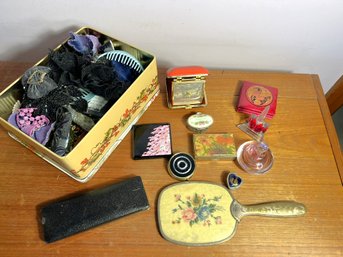 1B/ Box - Assorted Trinket/Pill Boxes, Vintage Hand Mirror, Hair Accessories Etc