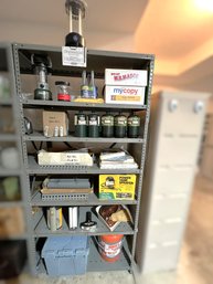 G/ Metal Shelf Unit With All Contents #1: Battery Lantern, Small Propane Cylinders Etc