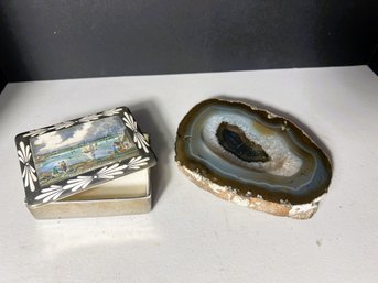 DR/ 2pcs - Natural Beautiful Agate Geode & Gray's Pottery English Covered Trinket Dish - Numbered