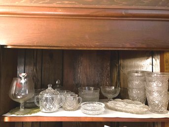 FR/ Shelf Of 20 Assorted Pressed & Cut Glass - Sugar Bowls, Butter Dishes, Highball Glasses, Dessert Bowls Etc