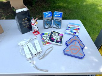 G/1 Box 4 Wii Controllers W 2 Just Dance Discs, 2 New Samsung 3D Active Glasses, 2013 Red Sox Champs Figure..