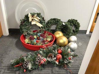 11 Pc Holiday Christmas Assorted Decor Bundle - Wreaths, Swags, Huge Ornaments, Sterilite Storage Box...