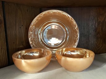 FR/ 3 Pc Vintage Fire King Oven Ware Peach Luster Bowls - Larger Bowl Laurel Patter, Smaller Bowls Plain