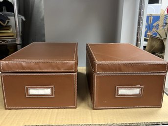 Pair Of 2 Brown Leather-Look Storage Boxes W Plastic Boxes Inside - Store Photos Or DVDs...