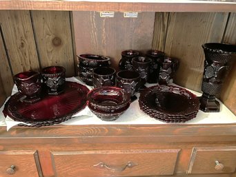 FR/ Shelf Of 21 Pcs Gorgeous Red Ruby Glass - 2 Lrg Plates, Cream & Sugar, 6 Sm Bowls, 1 Vase, 4 Mugs..etc