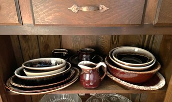 FR/ Shelf Of 18 Pcs Beautiful Brown Stoneware Dinnerware - Hull Brown Drip, Pfaltzgraff, Crate & Barrel