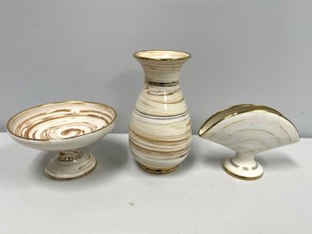 3 Gorgeous Brown Ivory Swirled Vases & Footed Candy Dish W Gold Rims - 2 Marked Manousakis