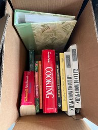 G/ 1 Box Assorted Books & 1 Photo Album - Cook Books, Novel, Thesaurus, Dictionary...etc