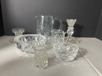 DR/ 7pcs - Assorted Crystal & Glassware - Waterford, Thomas Webb England, Pitcher, Candleholders Etc