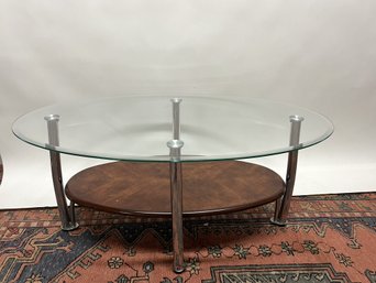M/ Contemporary Glass, Wood And Metal Oval Coffee Table