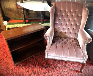 FR/ Gorgeous Pale Pink Button Tufted Velvet Queen Anne Style Arm Chair & Small Side Wood Bookshelf