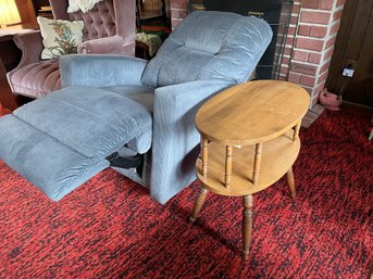 FR/ 2 Pc - Awesome La-Z-Boy Blue Courduroy Electric Recliner Chair & Small Wood Oval Side Table