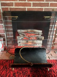 FR/ 3 Fireplace Pcs - Bow Front Black Mesh Fire Screen, Electric Fire Logs, Black & Brass Log Firewood Holder