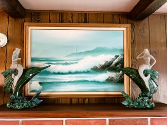 FR/3 Pcs - Lrg Framed Waves & Lighthouse Print E. King, Neptune & Mermaid Dolphins Glazed Ceramic Figures