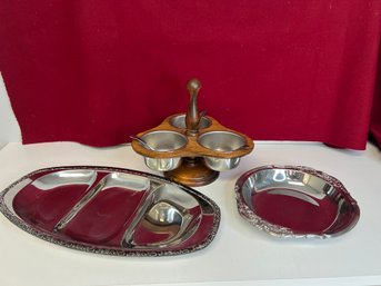 E/ 3pcs - Vintage Stainless And Wood Serving/Entertaining Pieces