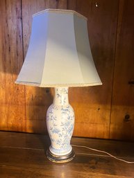 DR/ White Tall Ceramic Table Lamp, Blue And Gold  With Birds/Flowers Design