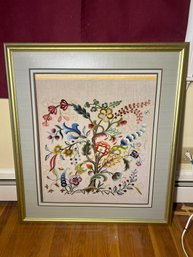 2C/ Huge 39' High Framed Gorgeous Crewel Embroidery Of Tree And Florals