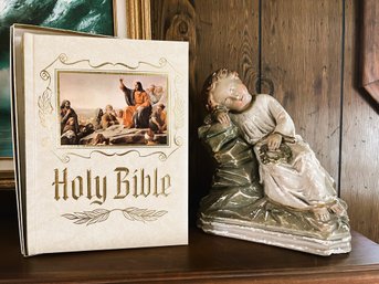 FR/ 2 Pcs - The New American Heirloom Family Bible & Vintage Plaster Figure Christ As A Child