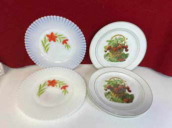 E/ 8pcs - Vintage Dessert Plates: 4 JKW Bavaria Strawberry And 4 Milk Glass W Painted Flowers