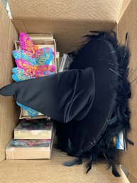 G/ Box Of Party Decor & Halloween Costume - Child's Grim Reaper, Witches Hat & 9 Pkgs Butterfly String Garland