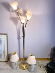 1B/ 3pcs - MCM Lamps: Cool Floor Lamp W Glass Calla Lilly Shades And 2 Floral Painted Crock Jug Lamps