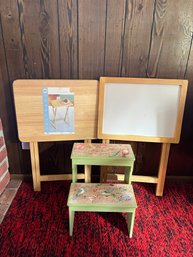 FR/ 3 Pcs - Adorable Painted Wood Children's Step Stool & 1 New 1 Used Wood Frame  Folding Tray Tables