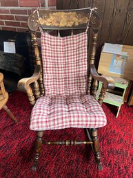 FR/ Sturdy Colonial Style Wood Spindle Back Rocking Chair W Gold Autumn Leaf Stencil & Chair Pads