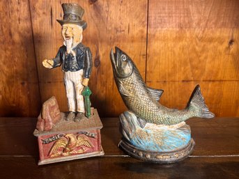 DR/ 2pcs - Vintage Cast Iron  - Uncle Sam Bank And 'Minster' Fish Door Stop