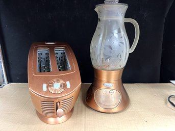 2 Pc Pretty Antique Copper Color Electric Toaster & Blender W Clear Frosted Etched Jar By Jenn-Air Attrezzi