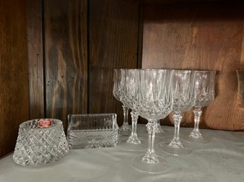 FR/ Shelf W 8 Pcs Crystal - Gorham Crystal Sm Bowl, Shannon Crystal Rectangle, 6 Footed Crystal Wine Glasses