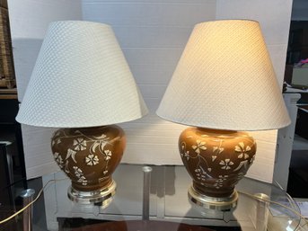 M/ 2pcs - Beautiful Brown Ceramic Table Lamps With Cream Raised Floral Decorations